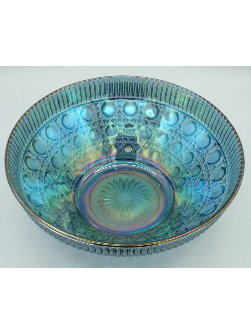 Iridescent Blue Carnival Glass 10 Inch Bowl Indiana Glass Windsor Pattern